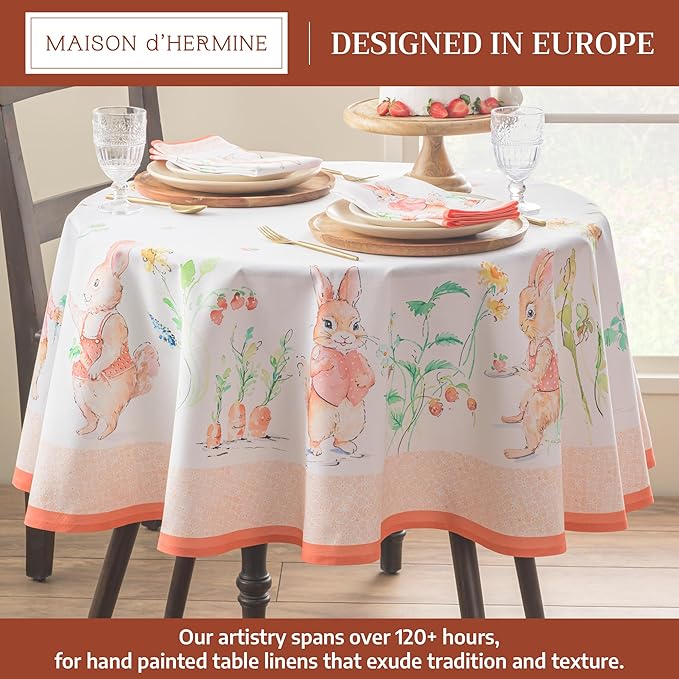 Maison d' Hermine Table Cloth Round Table 100% Cotton 69 Round Inches Tablecloth Reusable Decorative for Dining Room Farmhouse Home Valentines Day Decorations Spring Summer - Bunny Party