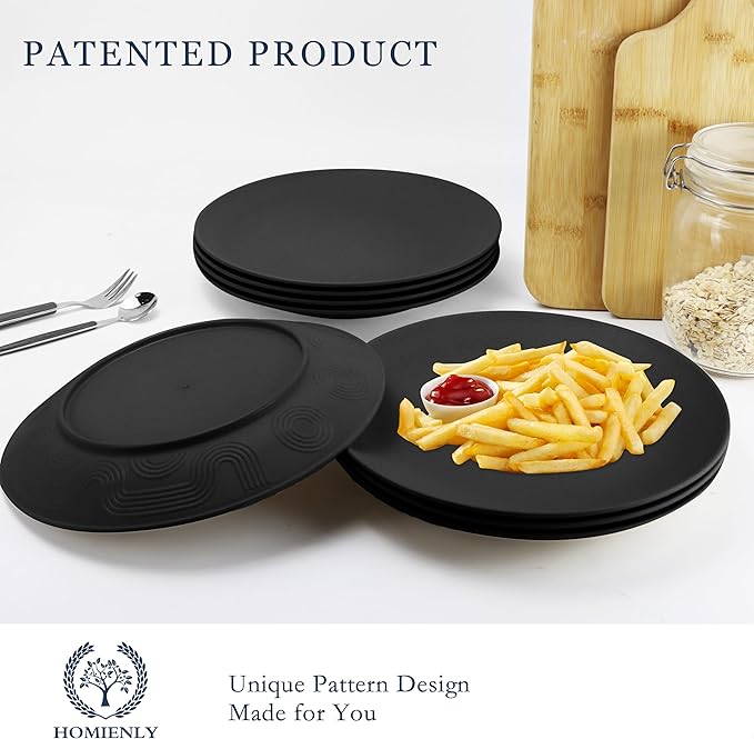 Homienly Black Dinner Plates Set of 8, 10 inch, Reusable, Unbreakable, Microwave & Dishwasher Safe, Wheat Straw Plates for Camping, Kitchen, Party, All Occasions