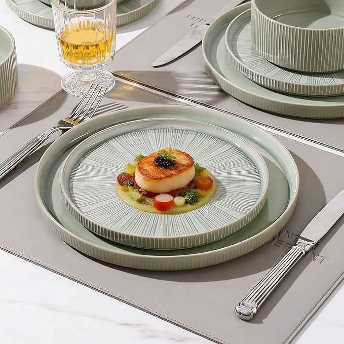 Dinnerware Sets for 4, Ceramic Plates and Bowls Set 12 Piece Dinnerware Chip Resistant Stoneware, Dishwasher and Microwave Safe-Green