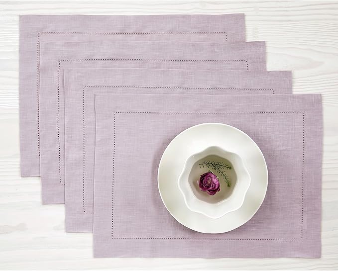 Solino Home Linen Placemats Set of 4 - Classic Hemstitch Lilac Placemats 14 x 19 Inch - 100% Pure Linen Table Mats for Valentines, Spring, Easter