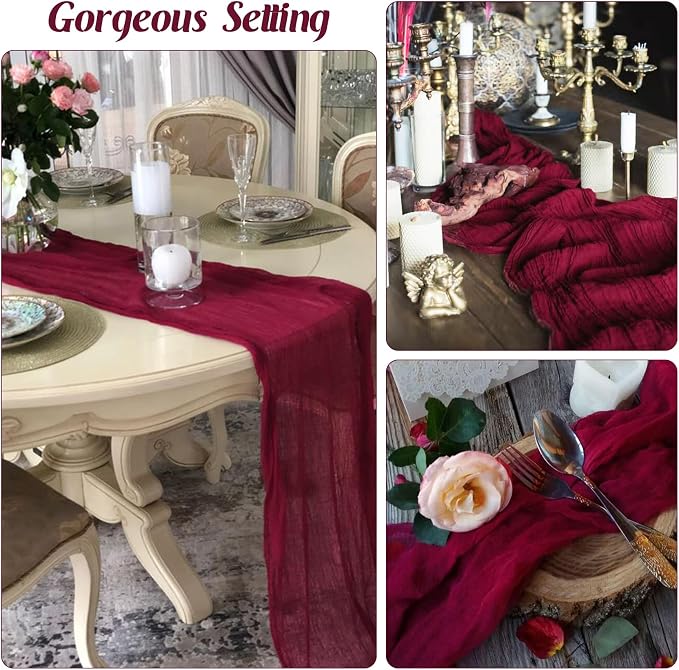 6 Pieces Burgundy 10FT Cheesecloth Table Runner Boho Gauze Fabric Table Runner - Image 7