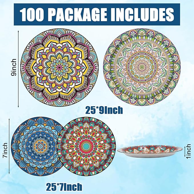 100PCS Boho Paper Plates 7Inch & 9Inch, Vintage Bohemian Disposable Dinnerware Plates for Birthday Gatherings Holiday Favor Baby Shower Party Supplies,50 Guests(Blue,Green,Red,Pink)