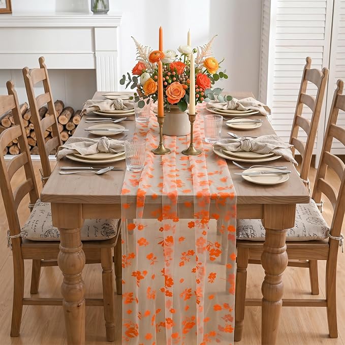 Artoid Mode Orange Gauze Flocking Flowers Table Runner 10FT, Fall Sheer Dining - Image 2