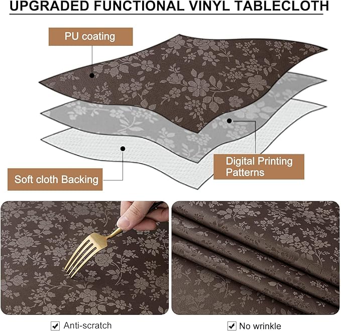 Smiry Round Table Cloth, Waterproof Heavy Duty Vinyl Tablecloths, Wipeable Washable Table Cover for Kitchen and Dining Room (Coffee, 60" Round)