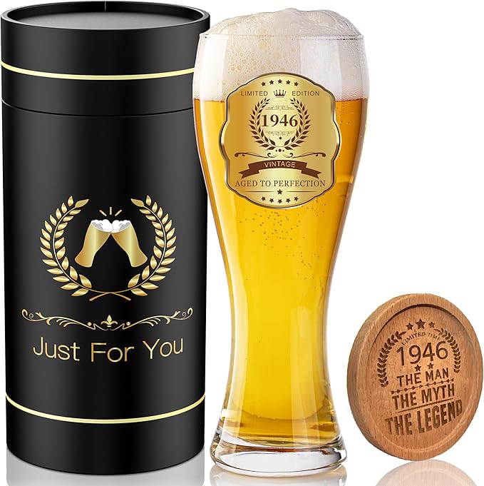 80th Birthday Beer Glasses Gifts, Personalized '1946' Vintage Glass Ware Set for Men, Black Gift Package with Drinking Glass, Coaster, and Card for 80 Years Old Man