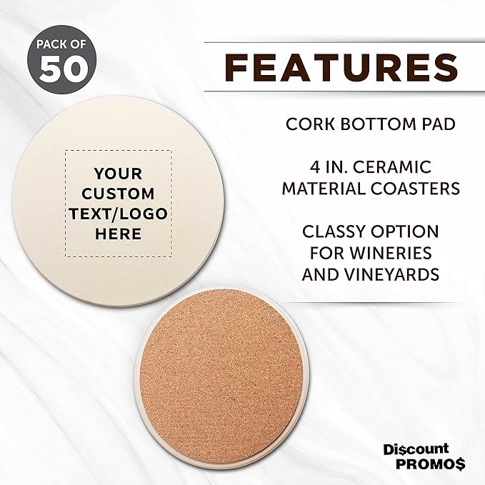 DISCOUNT PROMOS Custom Ceramic Coasters Set of 50, Personalized Bulk Pack - 4 Inches with Cork Bottom Pad, Perfect for Hotel, Bar, Restaurant - Natural