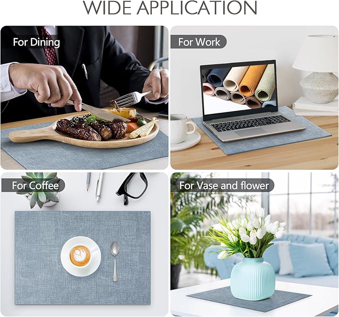 Faux Leather Placemats Set of 6 Washable Artificial Leather Table mats for Kitchen Table - Heat Resistant, Waterproof, Easy Clean, Anti Slip 11.8" x 17" (Light Blue-6 Pack)