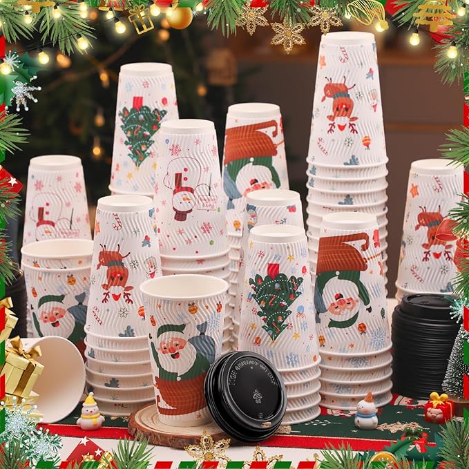 100 Count Christmas Paper Cups, Xmas 16 oz DisposableCoffee Cups Snowflake Santa Snowman Elk Christmas(16oz 100Count)