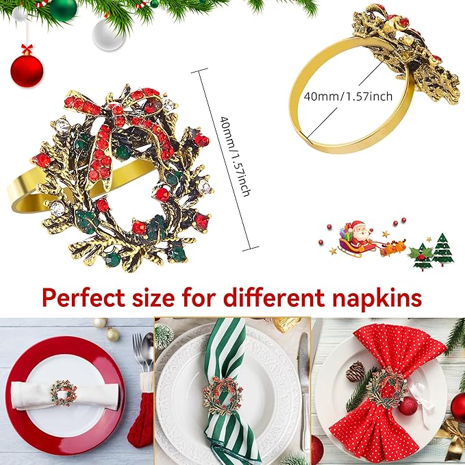 ZeeDix Christmas Wreath Napkin Rings Set of 6, Holiday Christmas Napkin Ring Holders for Cloth Napkins, Xmas Napkin Rings for Thanksgiving Holiday Dinner Party Table Setting