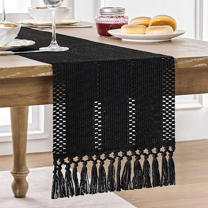 Macrame Style Boho Table Runner, 12x60 Inch Black | Woven Boho Table Runner by ZEEMARTONLINE