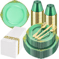 Hioasis 350pcs Green and Gold Plastic Plates - Green Party Plates for 50 Guest, Include 100 Heavy-duty Plates(20% Thicker Than Standard), 150 Cutlery Set, 50 Napkin, 50 Cups for St. Patrick's Day