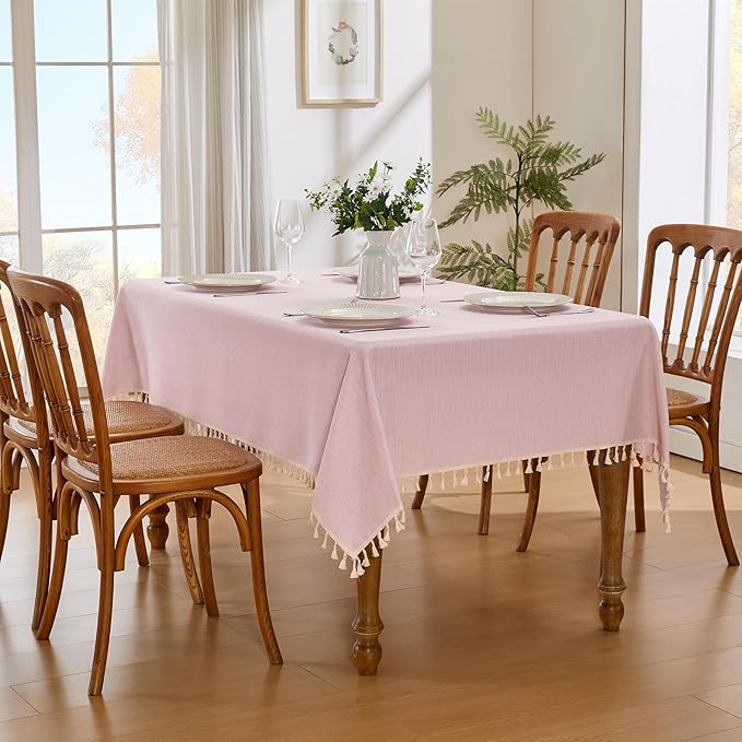 JIALE Valentines Textured Tablecloth, Heavy Duty Linen Style Farmhouse Table Cloth Rectangle Table, Wrinkle-Free Washable Waterproof Table Cover for Kitchen, Dining, Parties, 55"x120", Pink