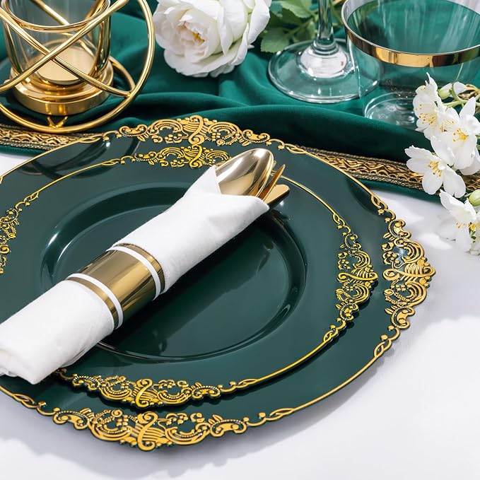 Nervure 350Pcs Green Plastic Plates, Plastic Dinnerware Set - Image 2
