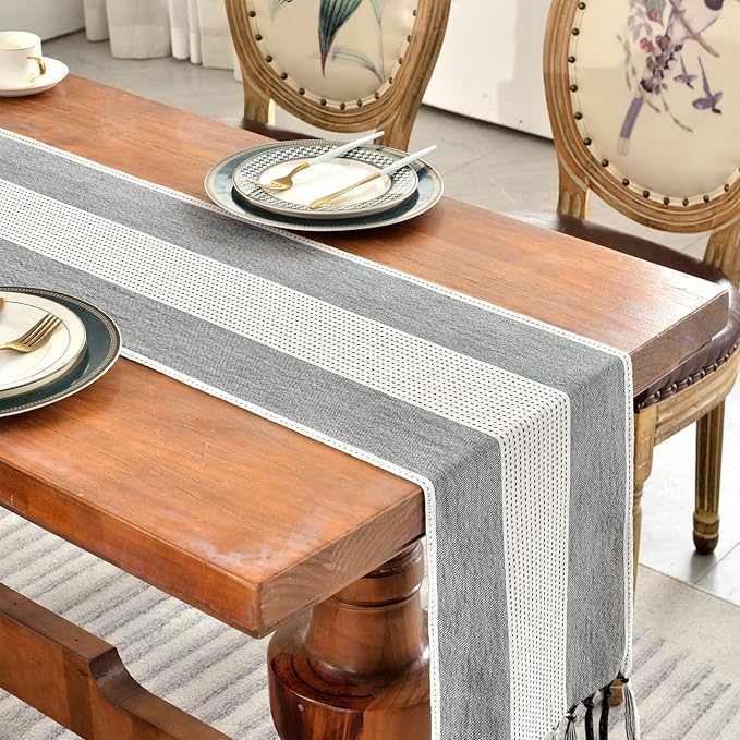 Wracra Linen Table Runner, Stripe Table Runners 60 Inches Long Black | Delicate - Image 6