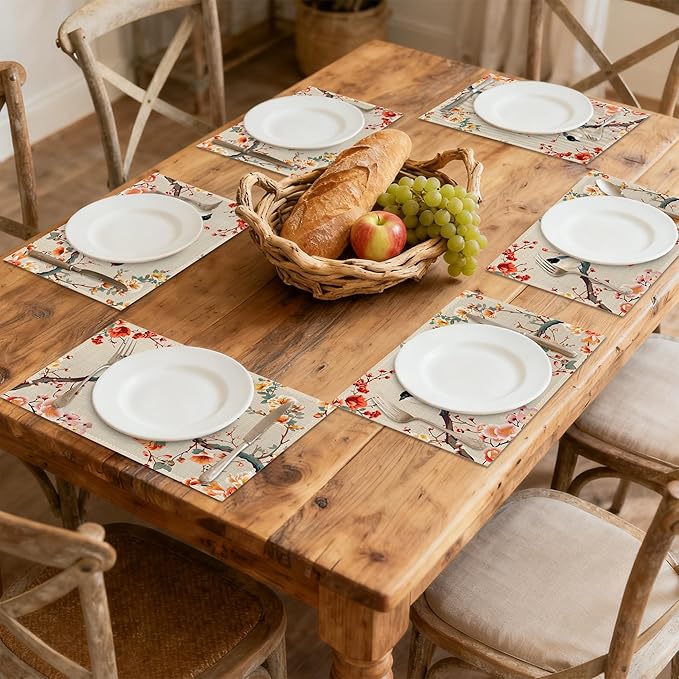 Vintage Bird Painting Placemats Set of 6, Linen Washable for Christmas, Thanksgiving, Party, and Daily Dining, Decorative Table Mats for 4-6 Person Table