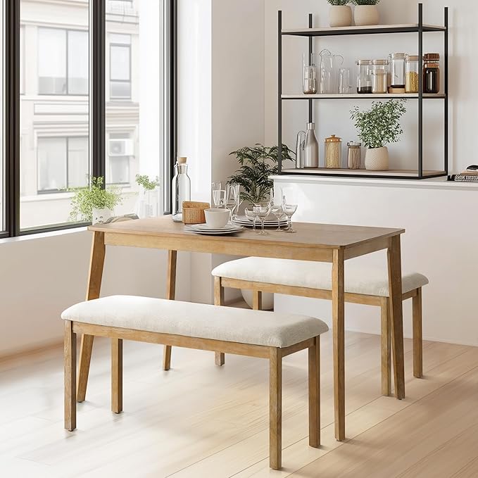 Modern Dining Table Set, Wooden Farmhouse Dining Roon Table and Solid Wood Chairs, 5-Piece Dining Set for Home, Kitchen, Dining Room, 4 Upholstered Chairs, Rubberwood Legs (Only Table)