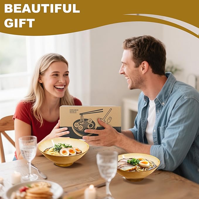 9.4-Inch 2 Sets Ceramic Ramen Bowl (8 Piece) - Japanese Porcelain Dishwasher Microwave Safe Salad Noodles Cereal Pasta Soup Large Bowls with Chopsticks Forks Spoons for Men Women Housewarming Gift