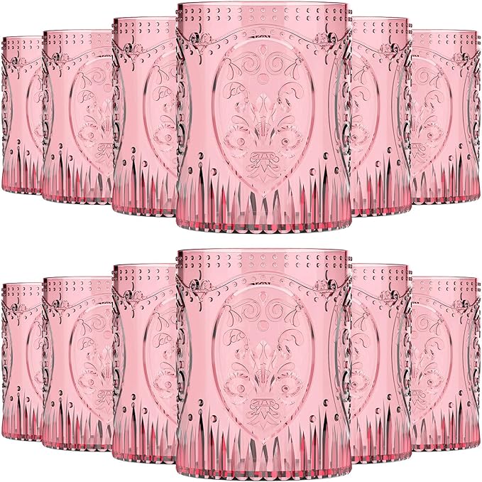 Qinyoung 12 Plastic Vintage Drinking Glasses 8.5oz Stemless Retro Embossed Wine by Qinyoung