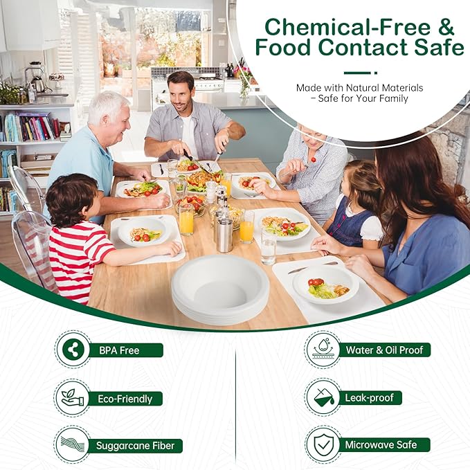𝟴 𝗼𝘇, 𝟭𝟮𝟴-𝗣𝗮𝗰𝗸 Compostable Paper Bowls, Heavy-Duty Biodegradable Disposable Bowls Made from Bagasse, Eco-Friendly, Microwave & Freezer Safe (White)