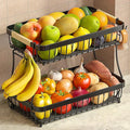 2-Tier Fruit Basket with Banana Hangers, Detachable Metal Bowl | Wooden handle by Sevenblue
