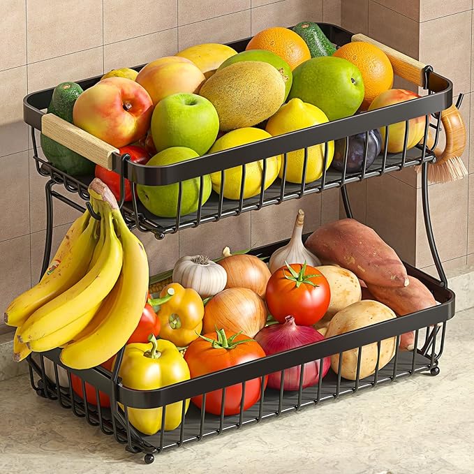 2-Tier Fruit Basket with Banana Hangers, Detachable Metal Bowl | Wooden handle by Sevenblue