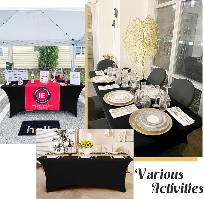 HAISIWLKJ 3 Pack Table Cloth 8ft Black Tablecloths for Rectangle Folding Table Spandex Fitted Stretch Table Cover Wrinkle Resistant Washable Table Protector for Party, Wedding, Banquet, Festival.