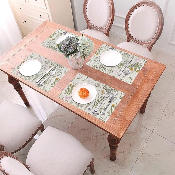 Placemats Set of 6 Vintage Wildflower Herbs Floral Rustic Butterfly Place Mats Floral Woven Table Mats Washable PVC Placemat for Dining Kitchen Decor Indoor Outdoor, 12 x 18 Inch