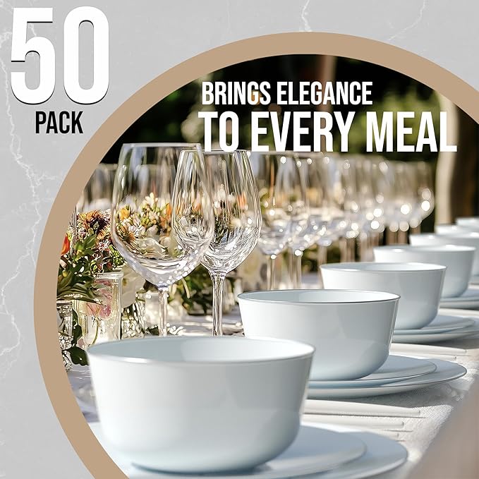Trendables Plastic Bowls - Disposable 24 Oz Set of 50 Sage Silver Rimmed Fancy Serving Bowls for Salad, Ice Cream & Candy