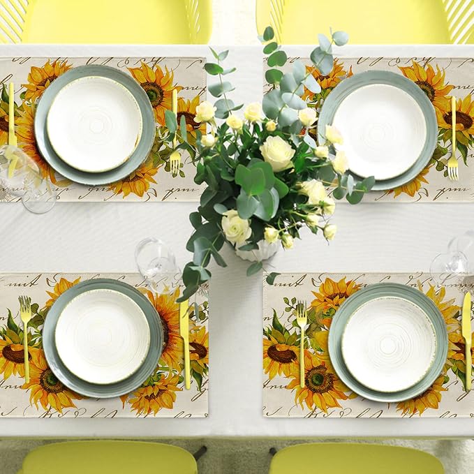 Seliem Fall Sunflower Placemats Set of 4, Spring Summer Yellow Floral | Flowers - Image 7