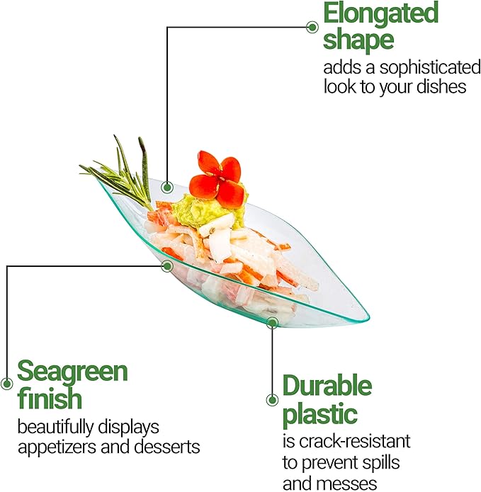 Restaurantware 1 Ounce Dipping Sauce Bowls 100 Disposable Dipping Sauce Dishes - Canoe Shaped Unique Design Seagreen Plastic Small Dishes For Dips Appetizers Desserts Or Samples