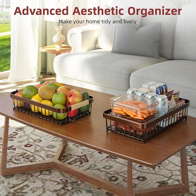 2-Tier Fruit Basket with Banana Hangers, Detachable Metal Bowl | Wooden handle - Image 8