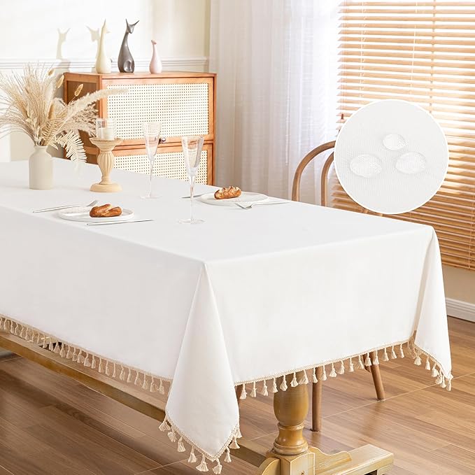 MYSKY HOME White Table Cloth Rectangle, Rectangular Table Cloth, Wrinkle Resistant, Waterproof Tablecloth, Washable Farmhouse Tablecloths, Table Cloths with Tassels for Kitchen Dining, 55"X86"