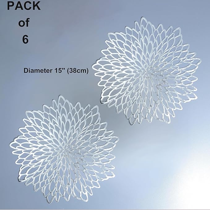 Snowkingdom 6 Pack Silver Placemats Metallic Glitter Pressed Vinyl Dinning Table Mats Decorative Round Leaf Charger for Winter Holiday Thanksgiving Christmas