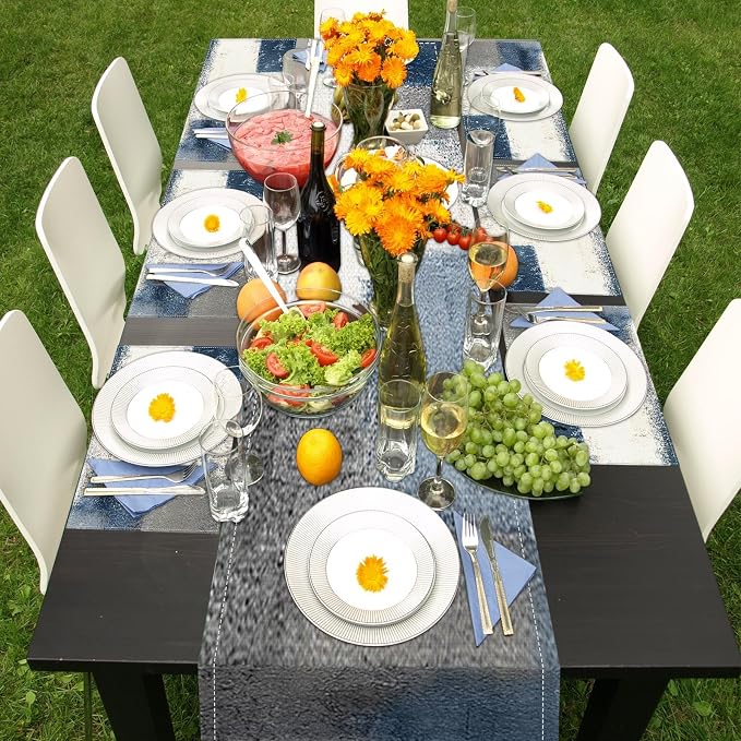 Table Runner and Placemats Set of 6, Abstract Farmhouse | Painting Blue Grey - Image 7
