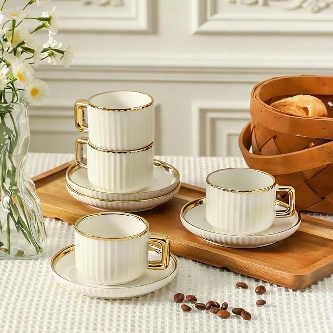 LETAOTAO Espresso Cups Set of 4, 3oz Espresso Cups and Saucers | Ceramic Coffee - Image 7