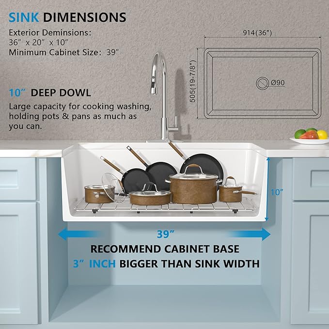 36 Farm Sink White - Fulorni 36"x20" Farmhouse Kitchen Sink Flat Apron Front White Ceramic Porcelain Fireclay Deep Single Bowl Farmer Kitchen Sink Basin