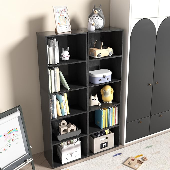 Wooden 5 Cube Storage Organizer, Black 5 Tier Bookcase Bookshelf Freestanding Storage Display Organizer, Versatile Cubes Open Shelf and Cubby Unit for Living Room, Home Office, Dinning Room 15.7inch