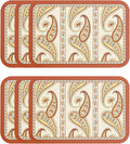 ISAENNE Designer Paisley PVC Placemats Set of 6, Red Classic Pattern Rectangular Placemat, Waterproof and Heat-Resistant Paisley Style,Decoration for Kitchen,Party,Dinning, New Year,12"*17"
