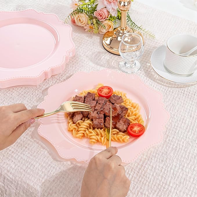 COLOSUS 60pcs Pink Plastic Party Dinner Plates - 9.5 Inch- Heavy Duty Disposable Plastic Dinner Plates for Party Wedding and Everyday Use,Valentine's Day