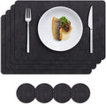 MOSAYT Placemats Set of 4, Heat Resistant Vinyl Place Mats with Coasters, 100% Waterproof Wipeable Washable Faux Leather Table Mats for Kitchen Dining Party Indoor Outdoor, 12" x 17", Black