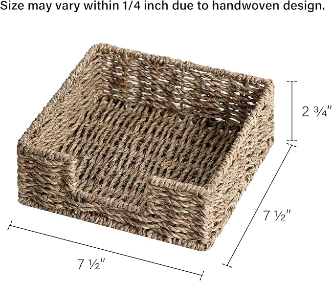 StorageWorks Seagrass Napkin Holder for Table, Wicker Napkin Baskets for Bathroom, Rustic Napkin Dispenser for Dinning Room, Guset Room, 7 ½"L x 7 ½"W x 2 ¾"H, 1 Pack