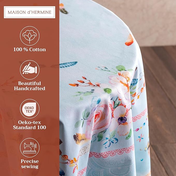 Maison d' Hermine Table Cloth Round Table 100% Cotton 69 Round Inches Tablecloth Reusable Decorative for Dining Room Farmhouse Home Valentines Day Decorations Spring Summer - Ibiza - Blue