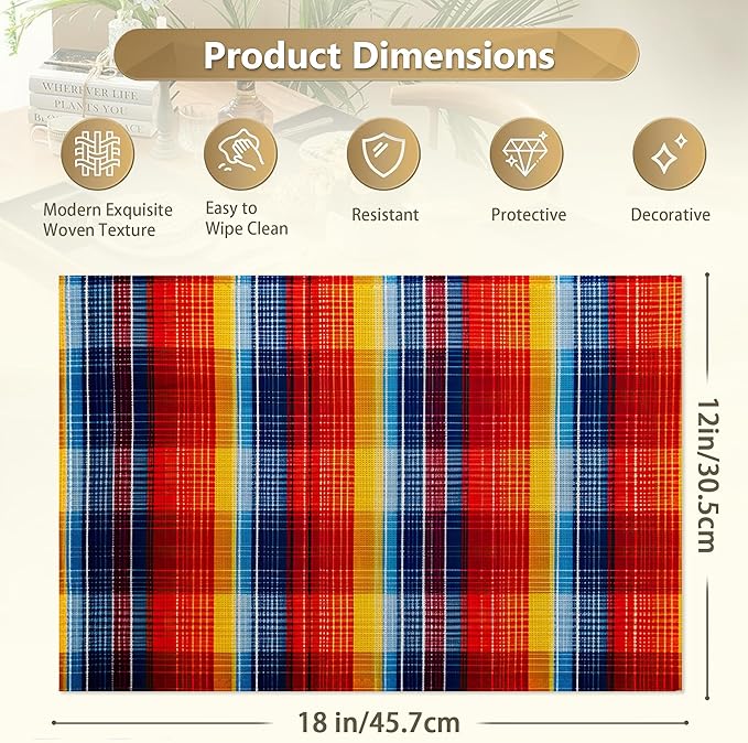 Placemats Set of 6 Linen Washable Kitchen Dining Colorful Mexican Stripes Lines Table Mats Stain Heat-Resistant Desktop Décor Place Mats for Home Party Indoor 12x18 in