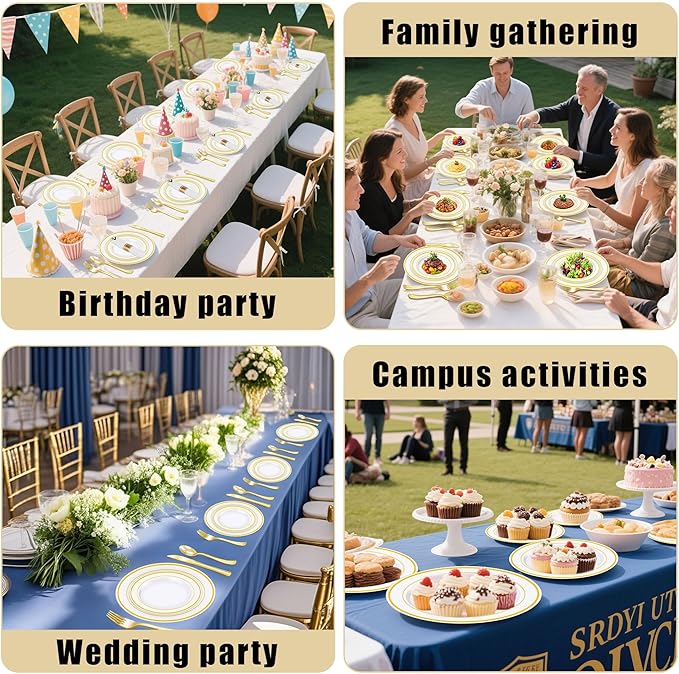 Zcaukya 100PCS Gold Plastic Plates, Disposable Plastic Dishes with Gold Rim in Bulk, 50 Pcs Each 10.25 Inch and 7.5 Inch for Dinner, Birthday and Wedding