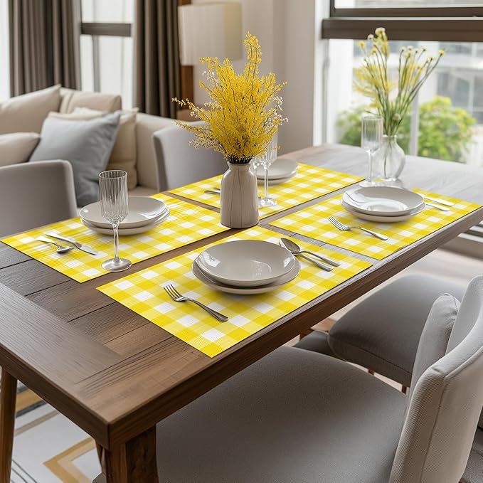 Artoid Mode Buffalo Plaid Vinyl Placemats Set of 4, 12x18 Inch Washable Non-Slip Heat Resistant Plastic Place Mats for Party Dining Table, Yellow/White