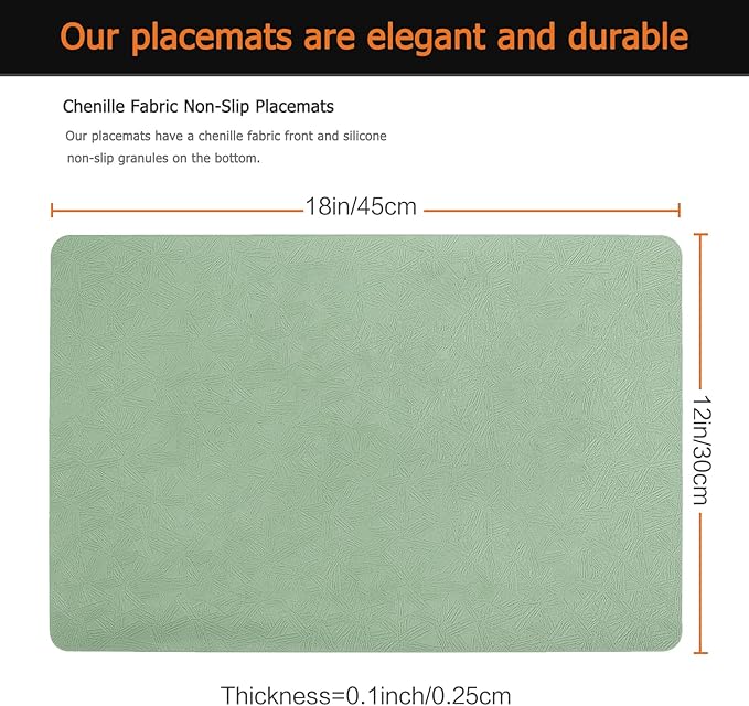 Vinyl Placemats Set of 12 Faux Leather 100% Waterproof Wipeable Washable Place Mats Heat Resistant Easy Clean Non-Slip Table Mats for Indoor Outdoor. (12, Green)