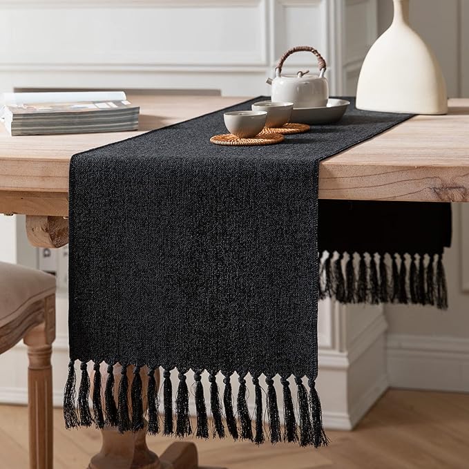 Black Table Runners 48 Inches Long, Burlap Linen Style Rustic Farmhouse Table by ZEEMARTONLINE