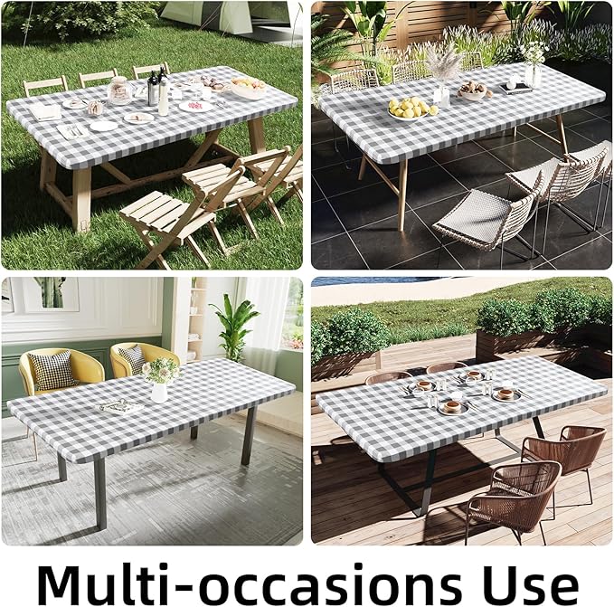 Smiry Rectangle Picnic Table Cloth, Elastic Waterproof Fitted Vinyl Tablecloths, Flannel Backed Buffalo Plaid Table Covers for Dining, Camping, Outdoor (White and Grey, 30" x 72")