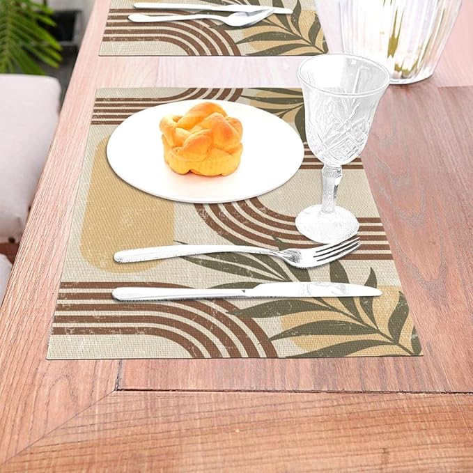 Mid Century Boho Arch Placemats Abstract Geometric Modern Aesthetic Rainbow Leaves Sun Washable Place Mats 12x18Inch for Dining Kitchen Farmhouse Decor 6 PCS