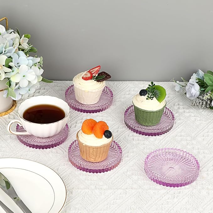 JUXYES 8 Pack Clear Purple Crystal Coasters Round Cup Mat, Glass Coasters for Drinks Coffee Tea Wine, Decorative Wine Bottle Coaster, Crystal Drink Coasters for Restaurant bar Kitchen Dining Table